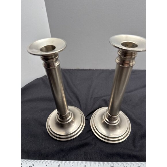 Vintage MCM Candlestick Brushed Holders 8" Set Of 2 Black Felted Bottoms - Picture 5 of 8